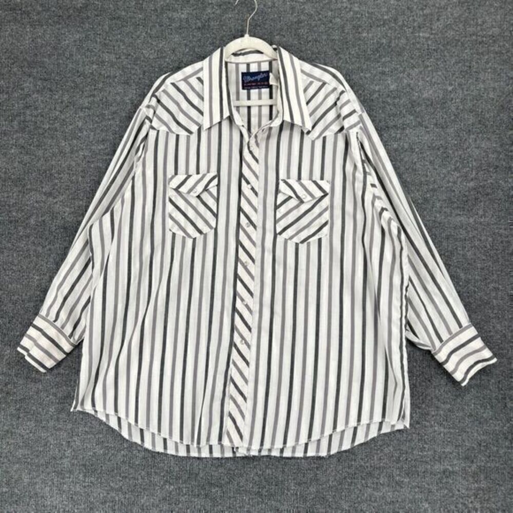 VTG Wrangler X-long Tails Western Shirt Mens 120-35 XXL White Gray Pearl Snap